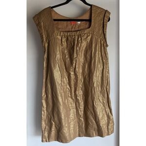 Lux. Mini Dress Women M Gold Square Neck Short Sleeve Linen